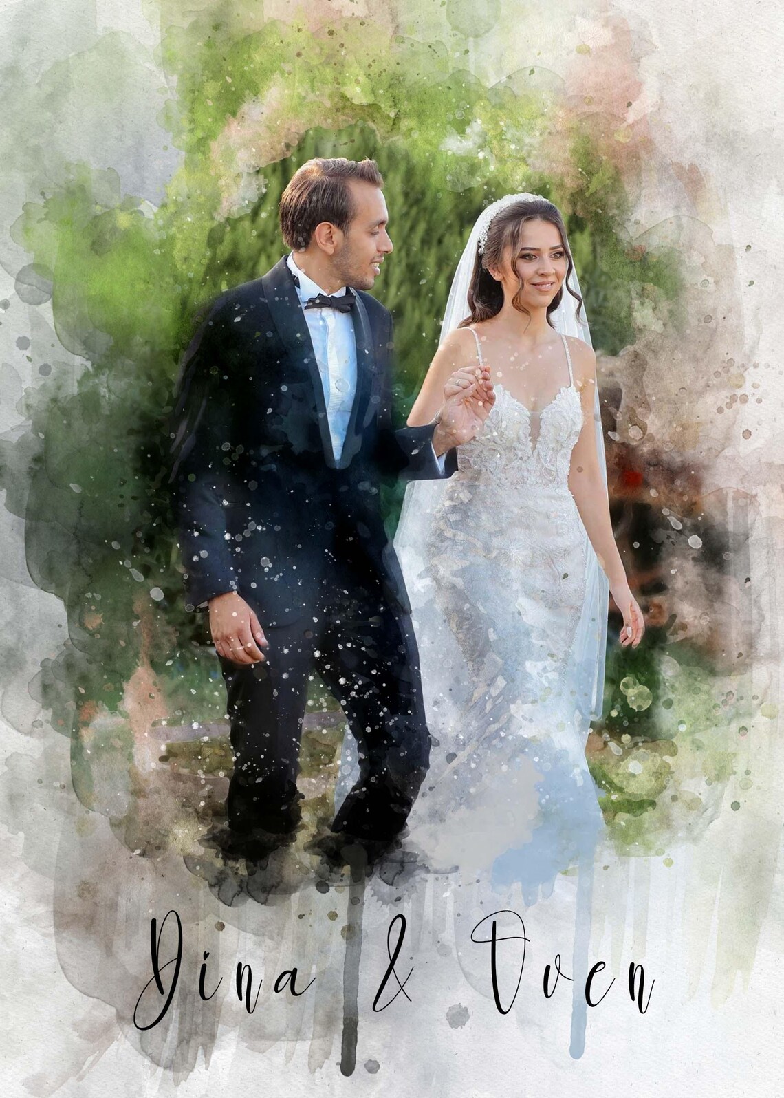 Dina and Dven Outdoor Wedding Couple Watercolor Portrait Poster - Image 3