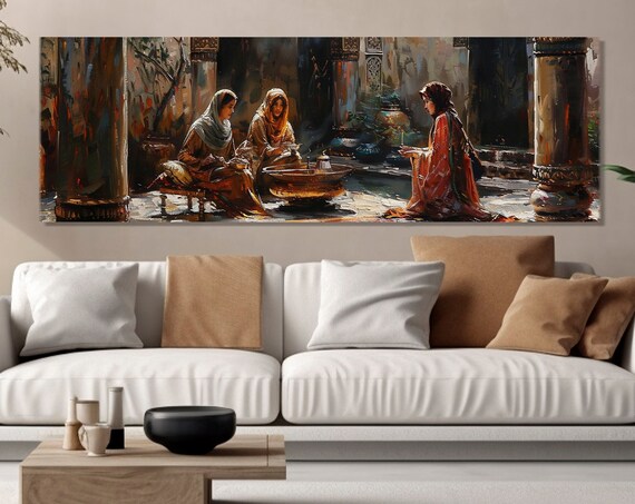 Arab Women Traditional Dress Courtyard Gathering Warm Impasto Wall Art