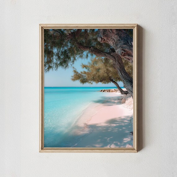 Turquoise Ocean Under Pine Trees White Sand Beach Photography Poster
