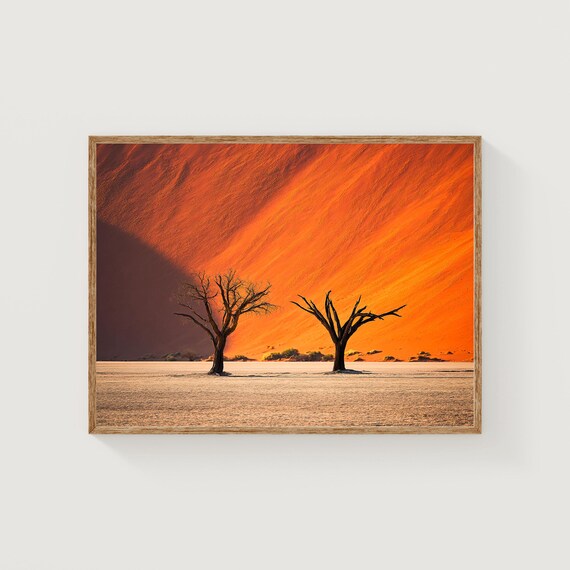 Deadvlei Namibia Two Dead Camelthorn Trees Against Glowing Red Dune Art Print
