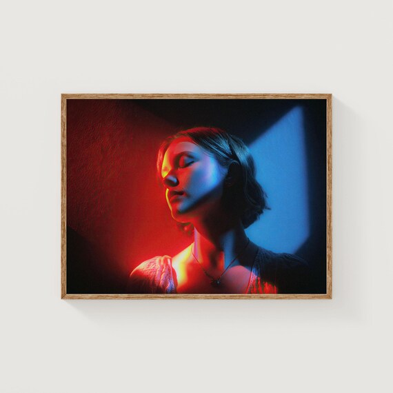 Woman in Red and Blue Neon Light Dramatic Fine Art Photography Poster