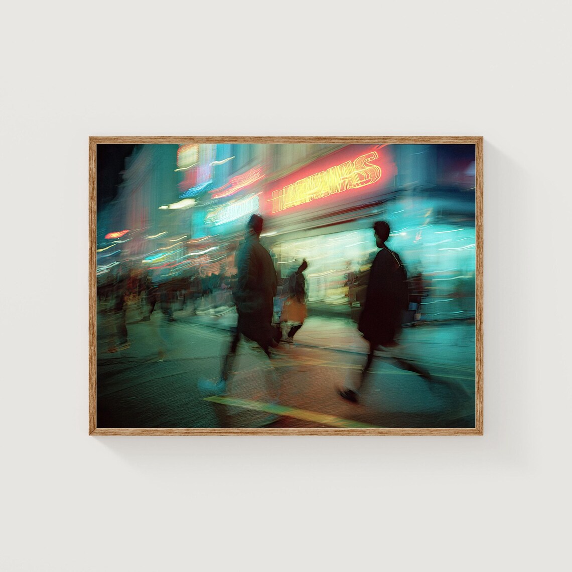 Motion Blur Neon City Street Night Pedestrians 35mm Film Poster