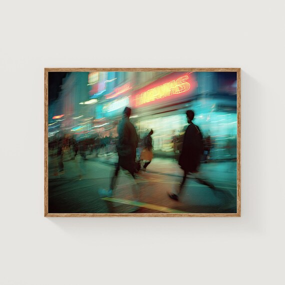 Motion Blur Neon City Street Night Pedestrians 35mm Film Poster