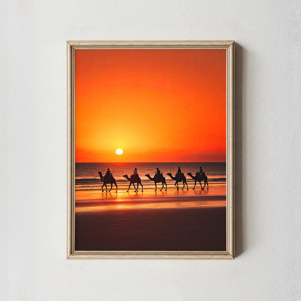 Camel Riders Beach Sunset Silhouette Orange Sky Photo Poster