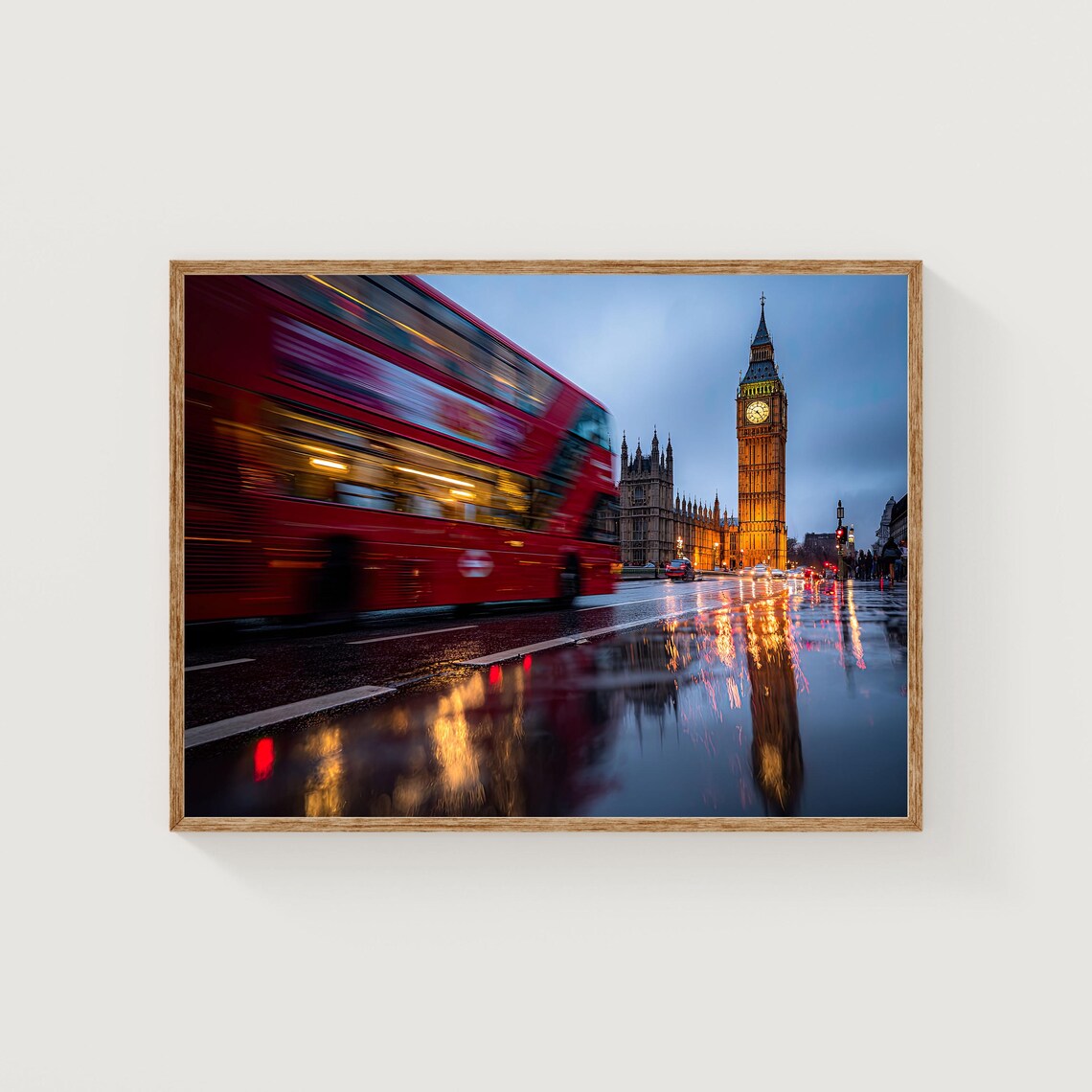 London Big Ben Red Bus Rainy Night Street Photography Poster UK Travel