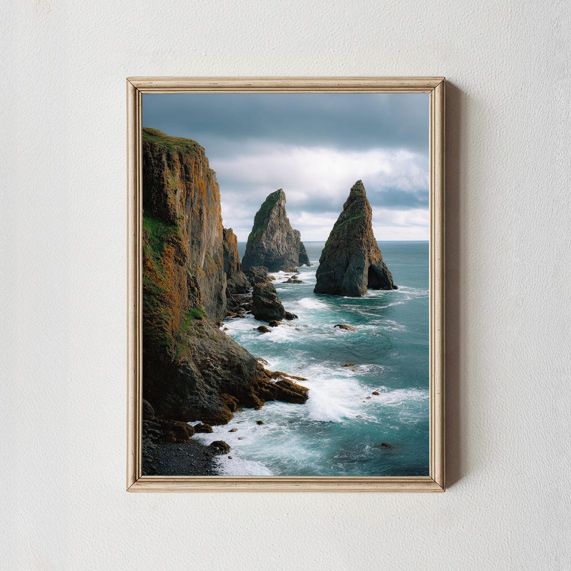 Dramatic Sea Stacks Rocky Coast Ocean Waves Moody Seascape Poster