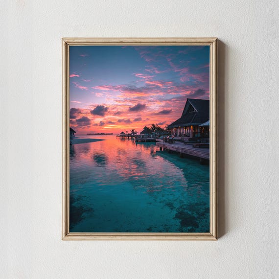 Maldives Sunset Art Print Tropical Island Photography Beach Home Decor