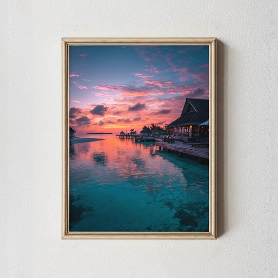 Overwater Bungalows Tropical Sunset Lagoon Photography Wall Art