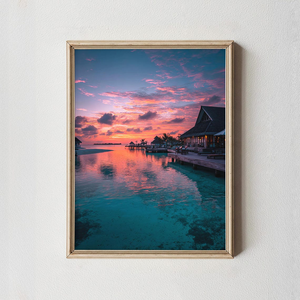 Overwater Bungalows Tropical Sunset Lagoon Photography Wall Art