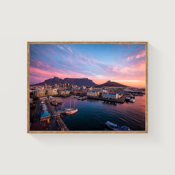 Cape Town Harbor Sunset Table Mountain City Lights Photo Poster
