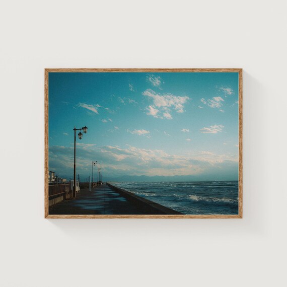 Ocean Promenade With Street Lamps Turquoise Sky Seascape Poster