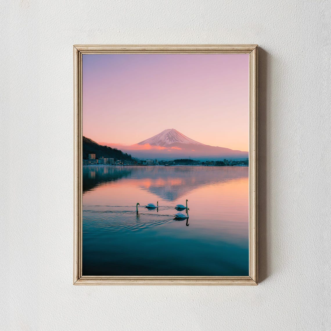 Mount Fuji Sunrise Lake Reflection Swans Serene Japan Photo Poster