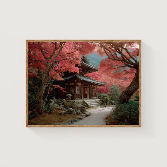 Kyoto Temple Print Autumn Maple Trees Zen Garden Wall Art