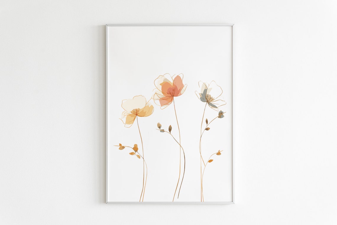 Soft Peach Wildflower Watercolor Minimalist Botanical Wall Art