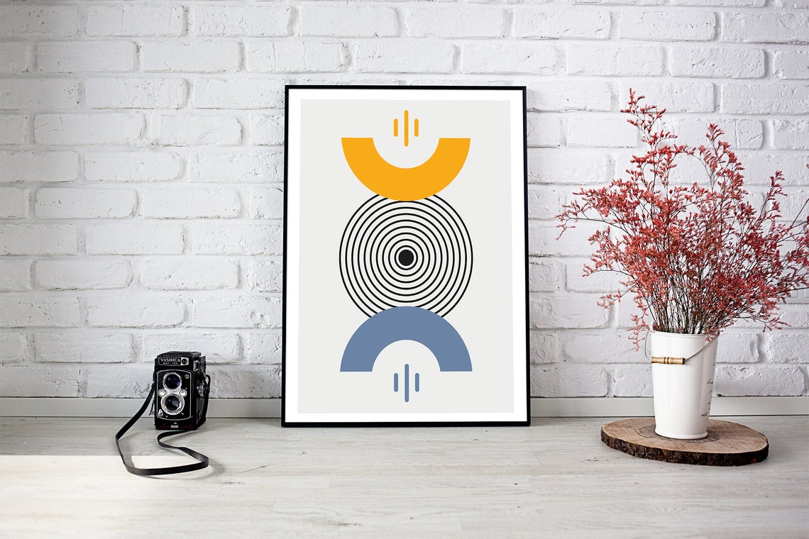 Mid Century Geometric Sunburst Circles Orange Blue Abstract Poster - Image 2