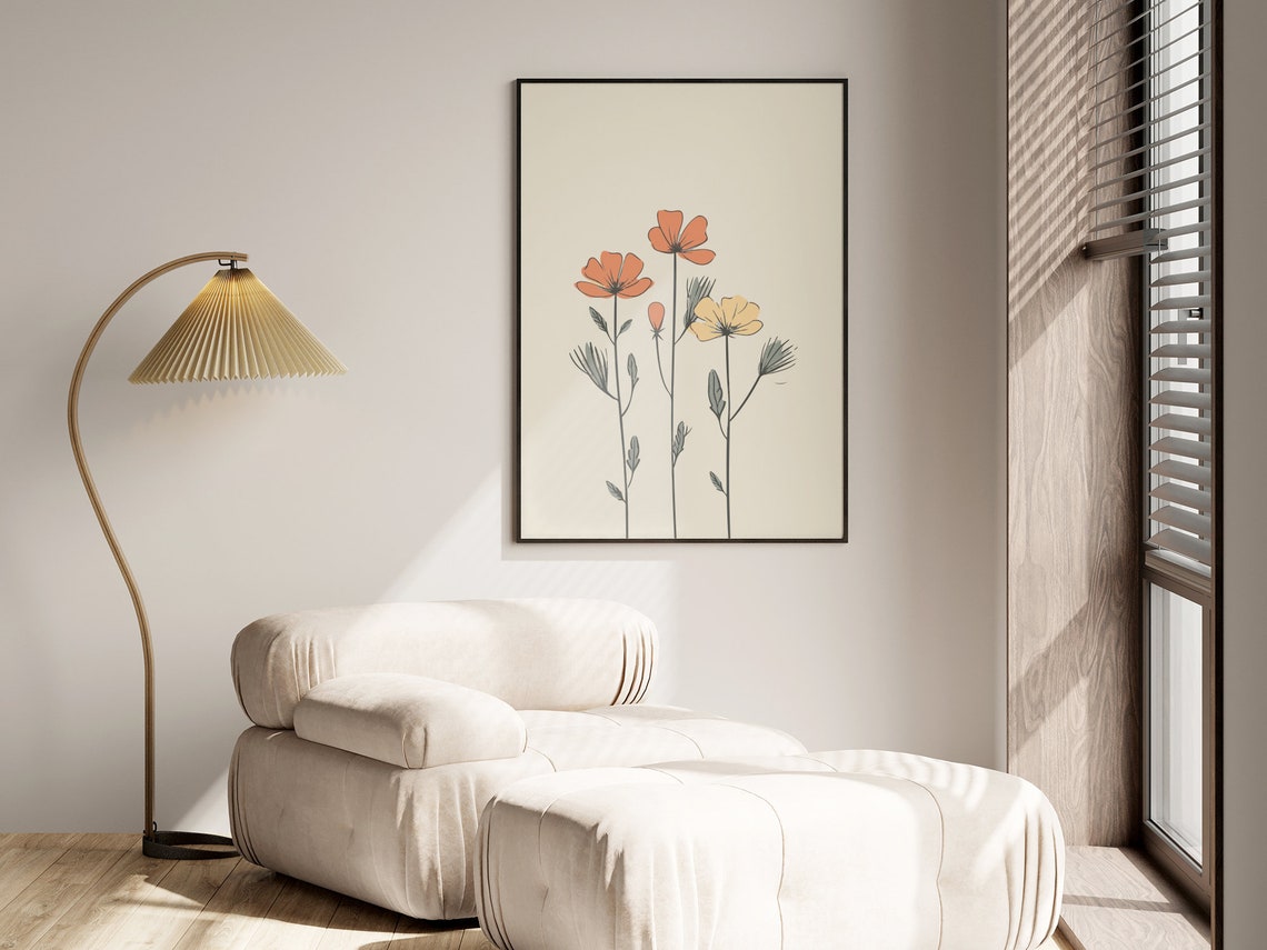 Minimalist Wildflowers Coral Yellow Simple Botanical Line Poster