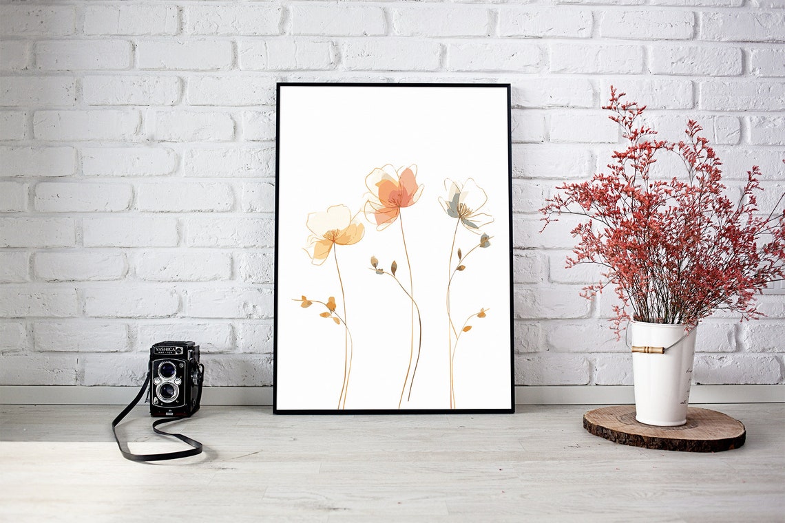 Soft Peach Wildflower Watercolor Minimalist Botanical Wall Art - Image 2