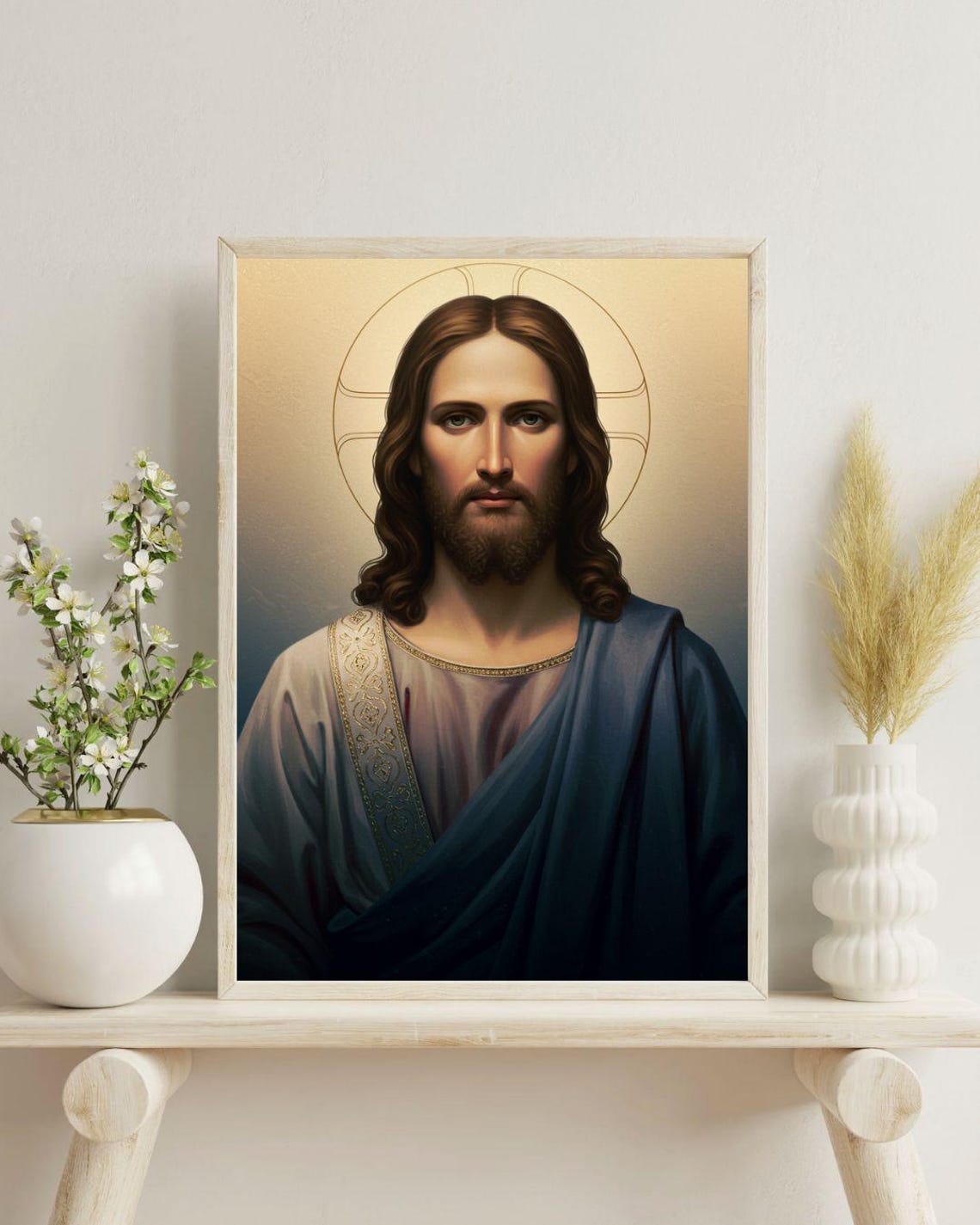 Jesus Christ Portrait with Halo in Regal Blue Robes Art Poster