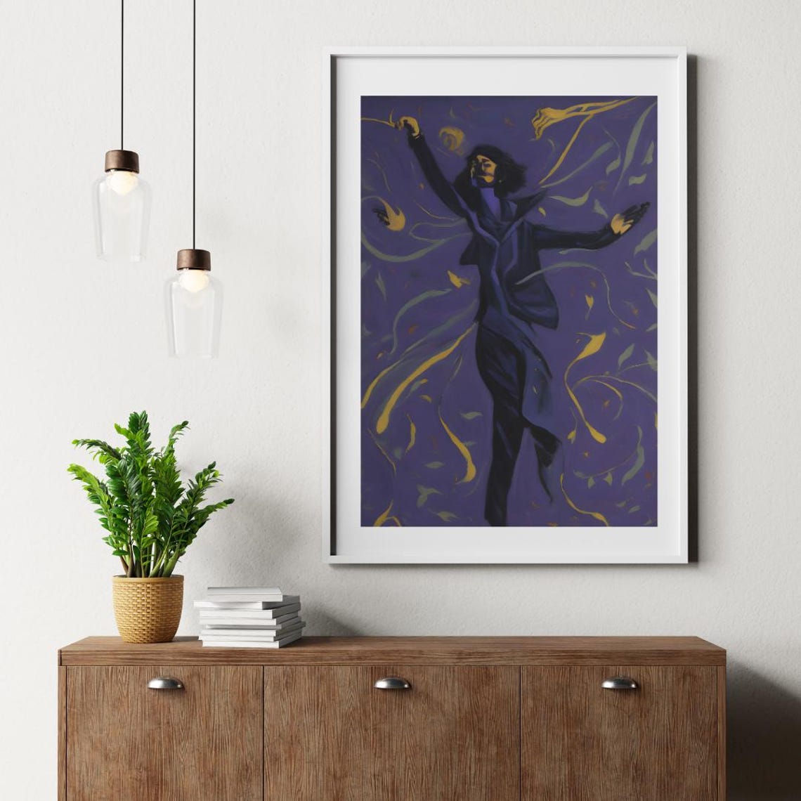 Bold Male Dancer in Dramatic Pose Amid Golden Swirls Art Poster - Image 2