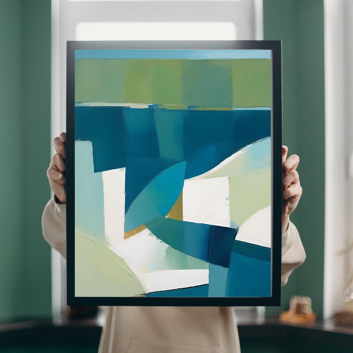 Abstract Blue and Green Geometric Shapes Contemporary Art Poster