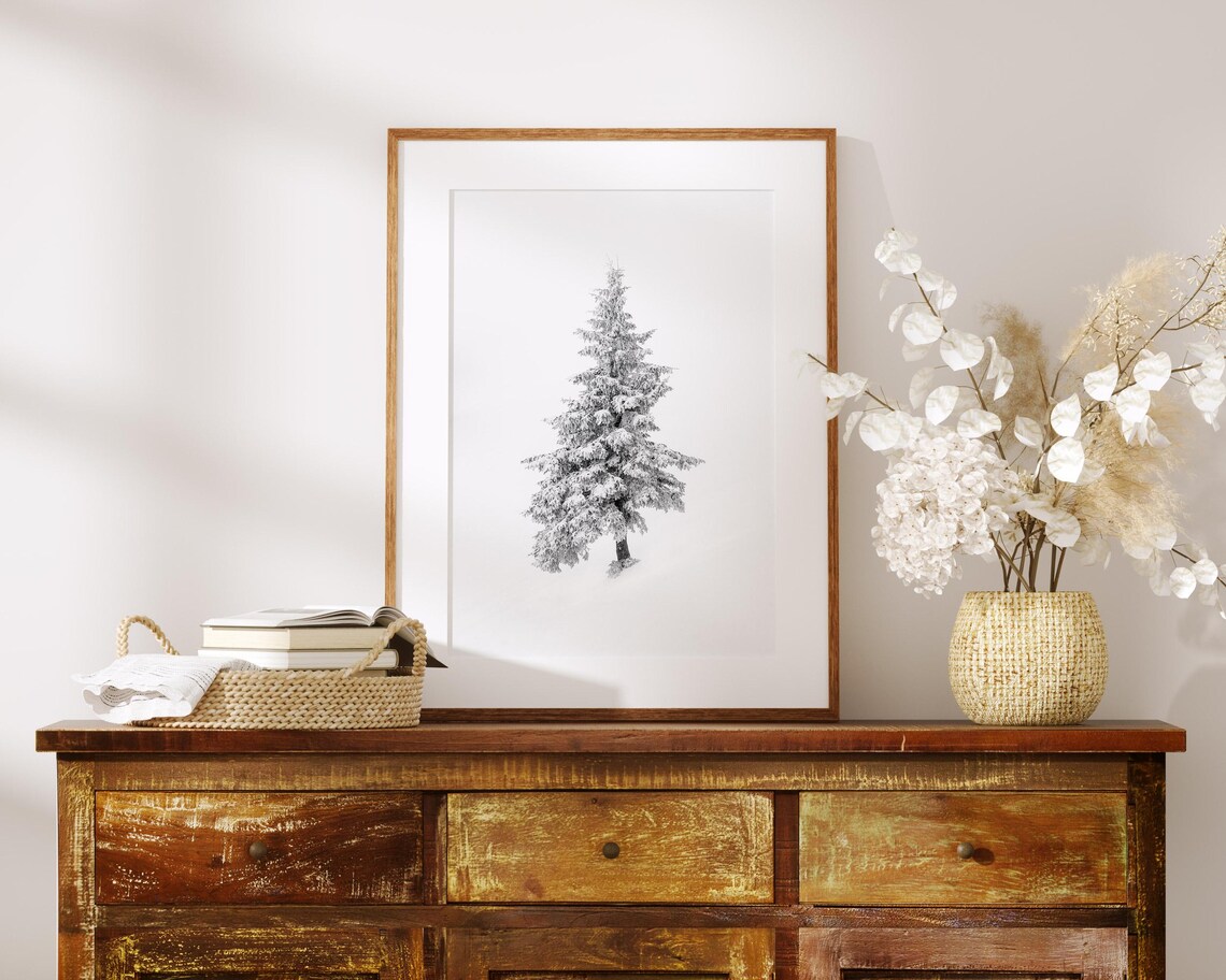 Snow Covered Pine Tree Black And White Print Minimalist Winter Decor Wall Art Nature Photography A218 - Image 2