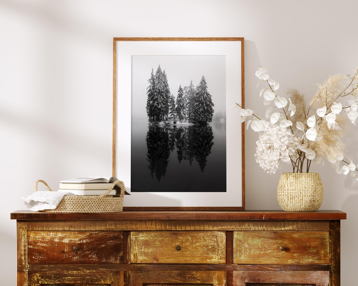 Black And White Pine Trees On Lake Landscape Print Winter Decor Wall Art Nature Photography A219 - Image 3