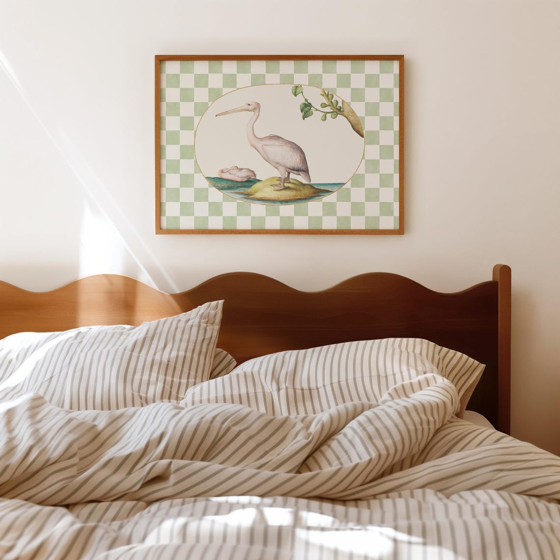 White Pelican Pair Sage Green Checkerboard Vintage Bird Poster - Image 3