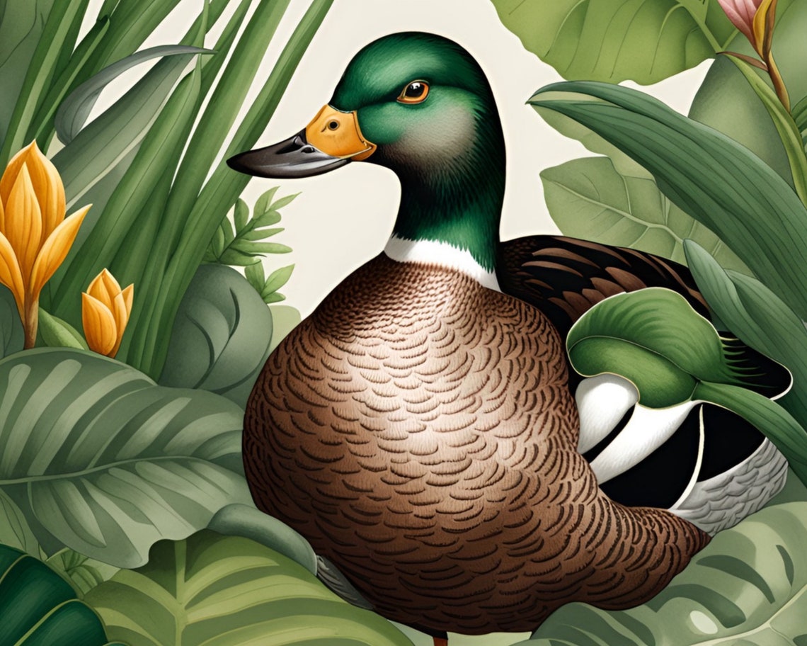 Handsome Mallard Drake Resting Among Lush Botanical Leaves Poster - Image 2