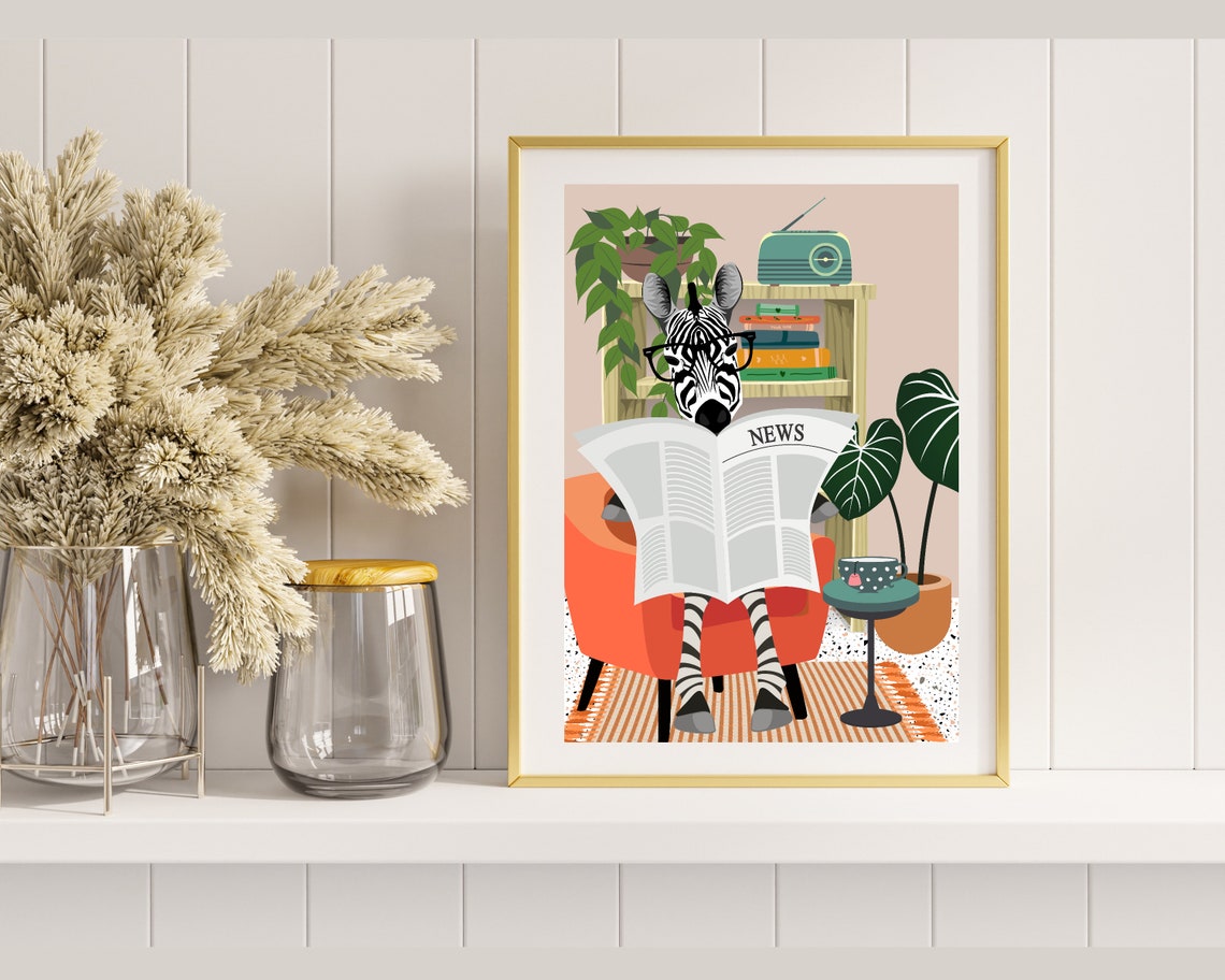 Zebra Reading Newspaper on Orange Chair Funny Spectacle Animal Poster - Image 2
