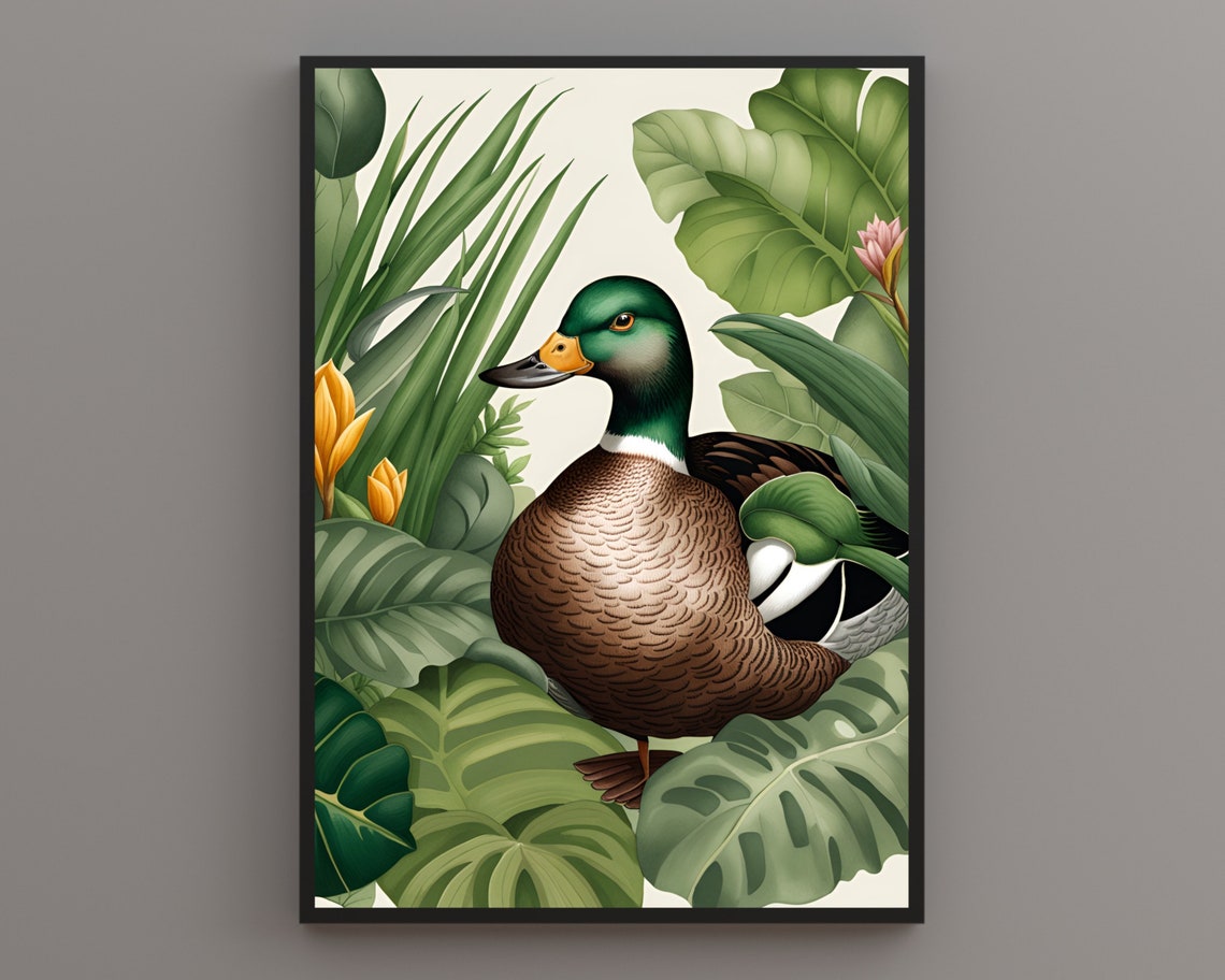 Handsome Mallard Drake Resting Among Lush Botanical Leaves Poster