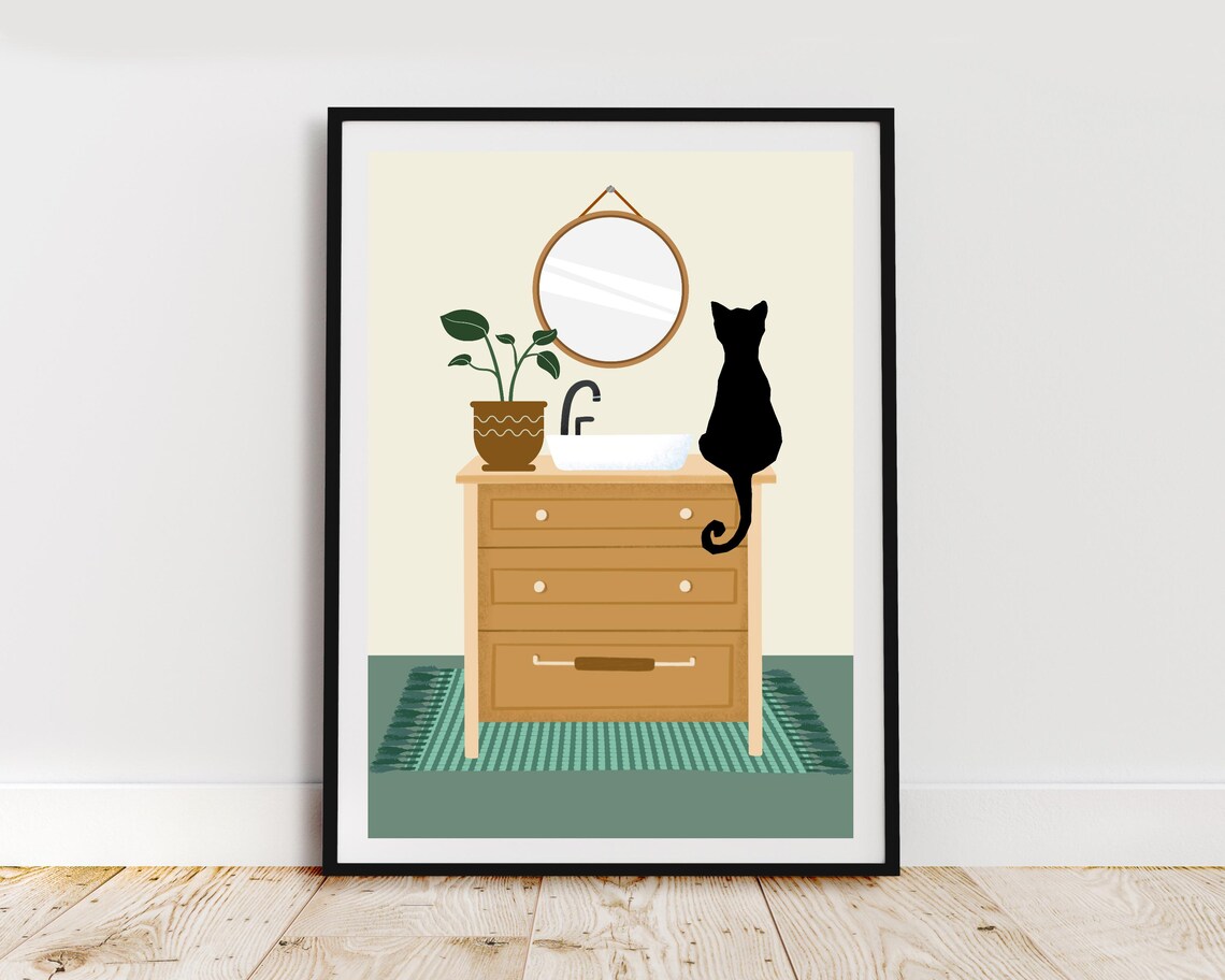Black Cat Silhouette Sitting on a Bathroom Dresser With Mirror Poster - Image 2