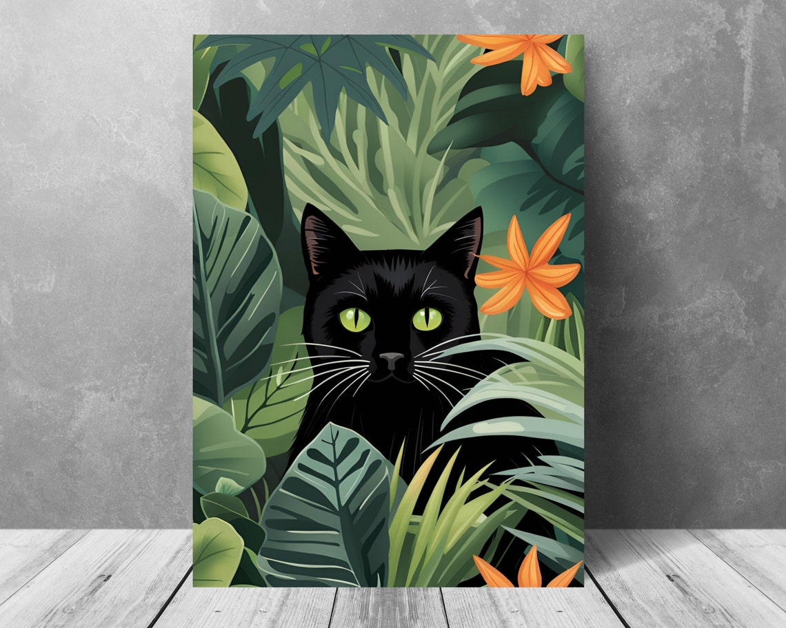 Black Cat With Glowing Green Eyes Peeking Through Leaves Poster - Image 3