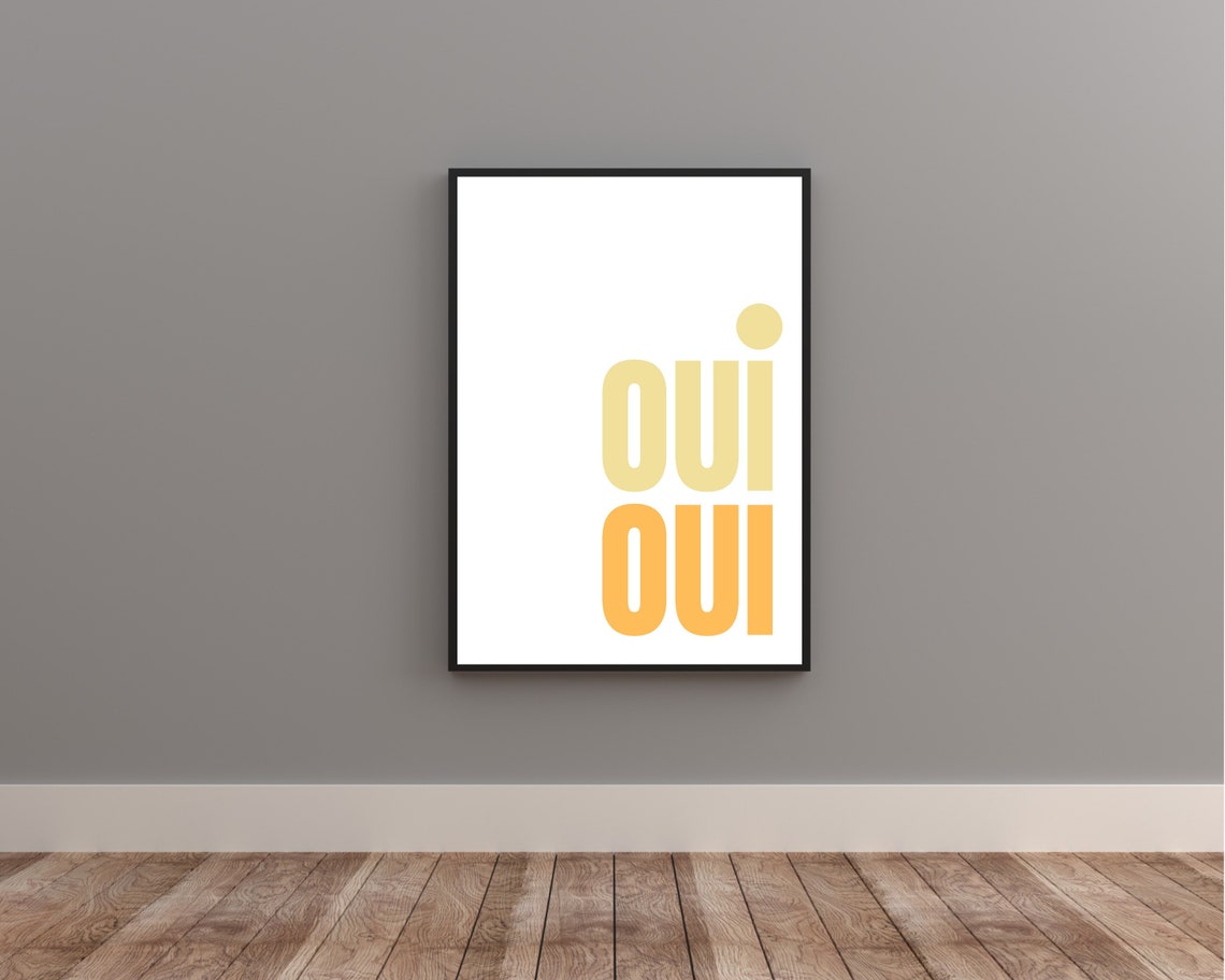 Oui Oui Typography Poster In Cream And Orange On A White Wall - Image 2