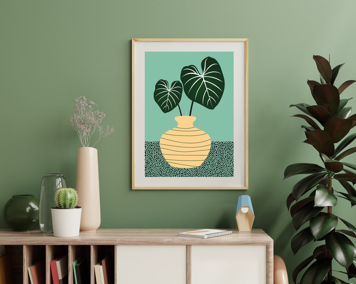 Monstera Leaves In Striped Yellow Vase Mint Green Botanical Poster - Image 3