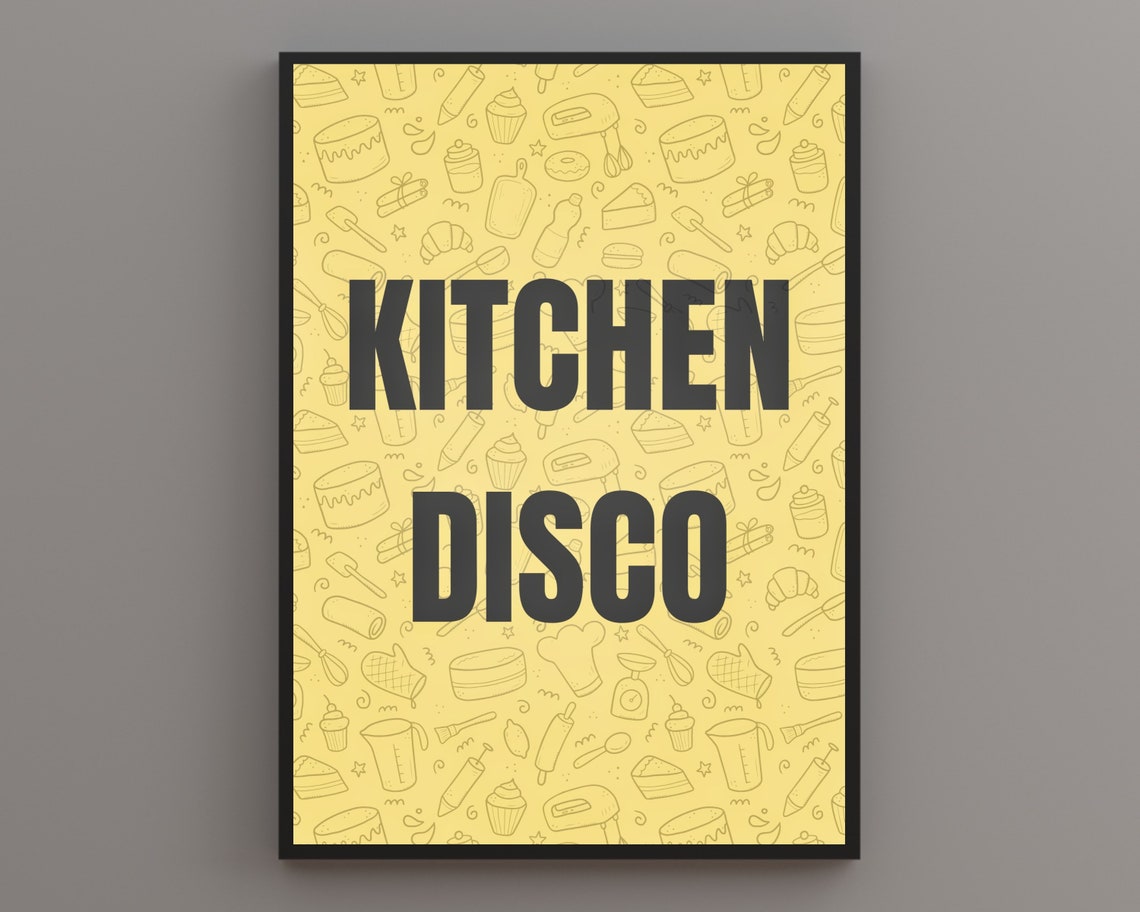 Kitchen Disco Mustard Yellow Baking Doodle Pattern Typography Poster