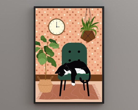 Black and White Cat Sleeping on Green Chair Cute Animal Nap Poster