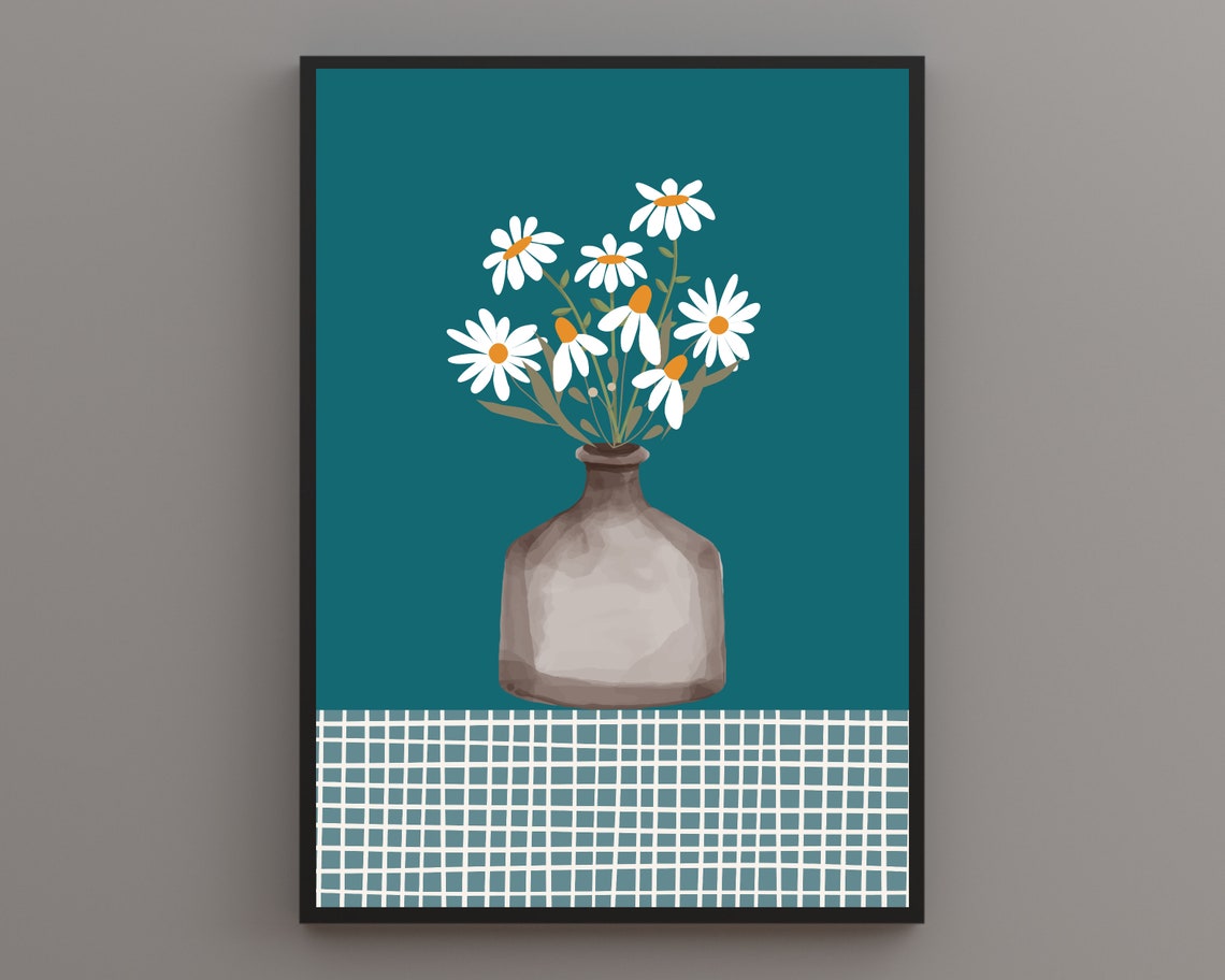 White Daisies In Glass Vase Teal Botanical Tablecloth Poster