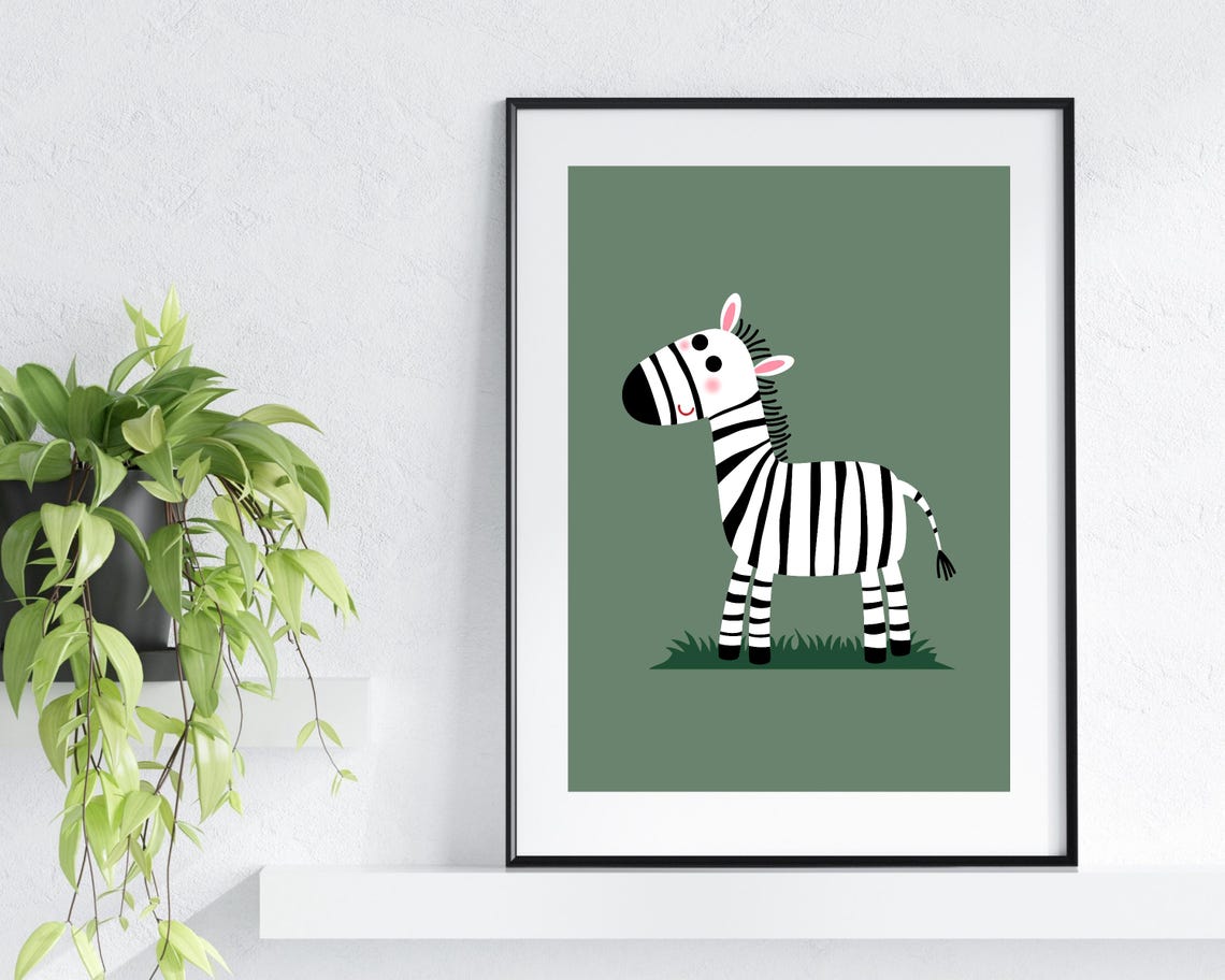 Smiling Cartoon Zebra Nursery Print on a Sage Green Background - Image 2