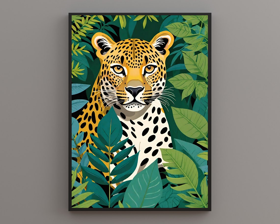 Bold Leopard Staring Through Dense Tropical Jungle Leaves Poster