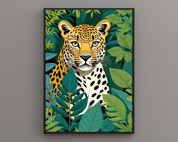 Bold Leopard Staring Through Dense Tropical Jungle Leaves Poster