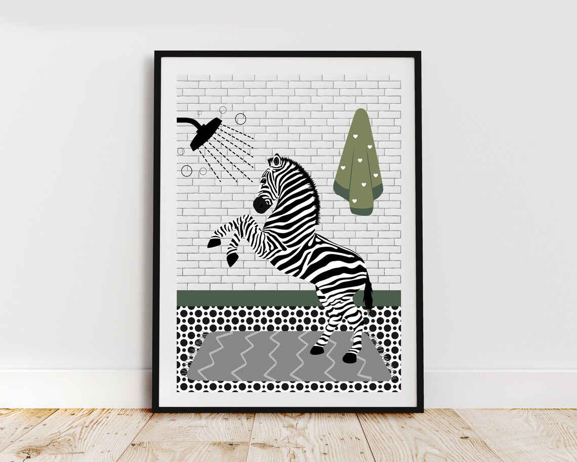 Zebra In A White Brick Bathroom With A Green Heart Towel Print - Image 2