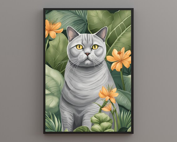 Dignified Grey Cat With Golden Eyes Among Tropical Flowers Poster
