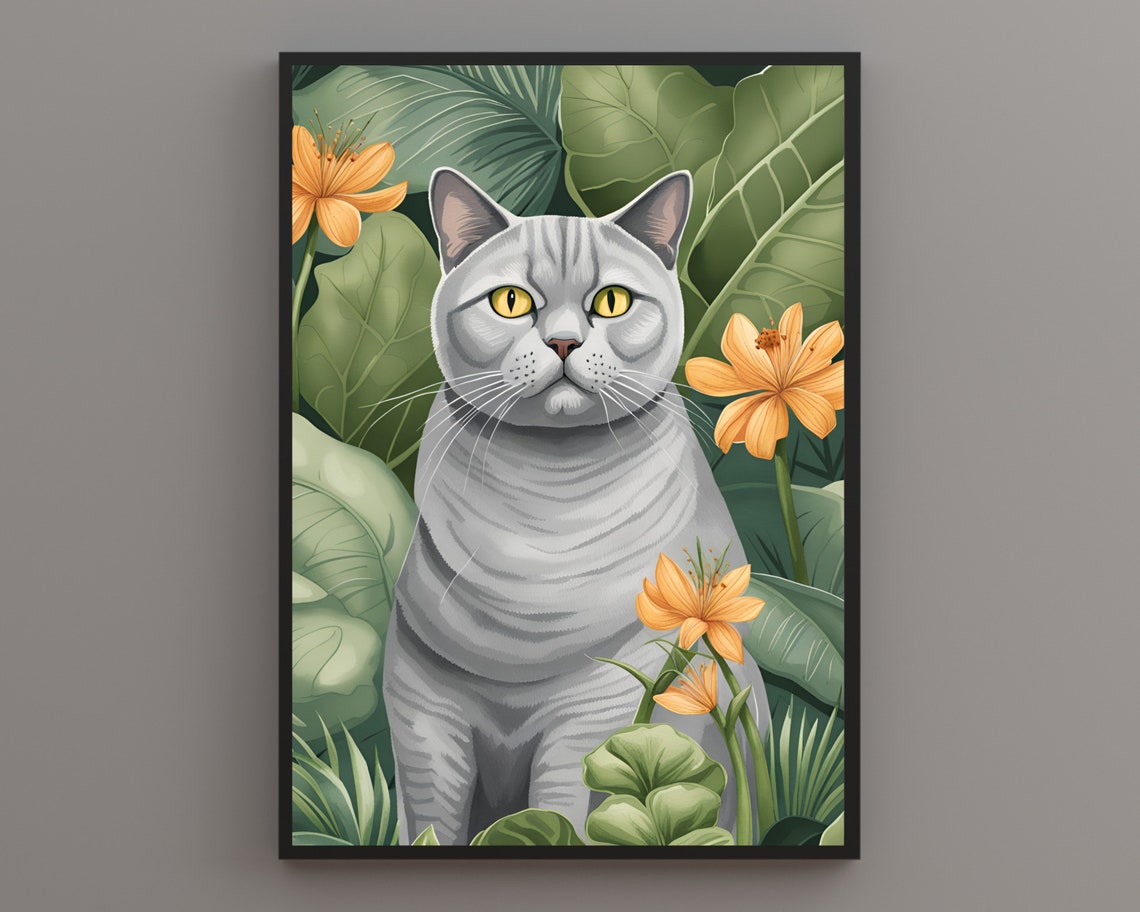 Dignified Grey Cat With Golden Eyes Among Tropical Flowers Poster