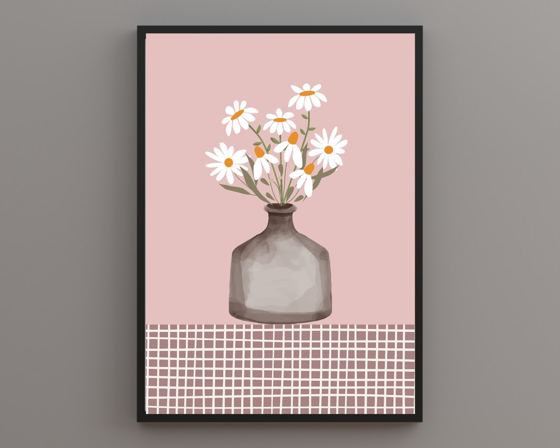 White Daisies In Glass Vase Blush Pink Botanical Tablecloth Poster