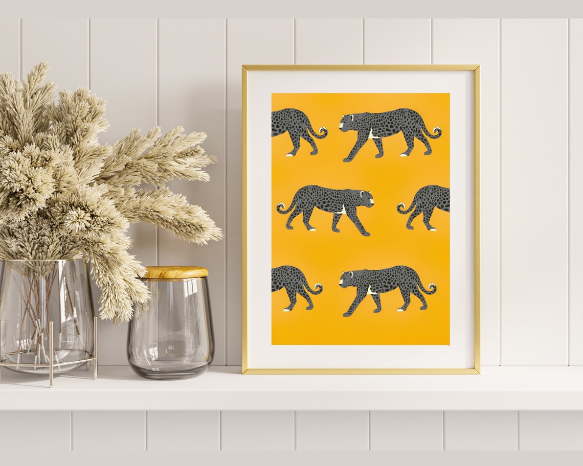 Stylized Grey Leopards Prowling Across a Mustard Yellow Poster - Image 3