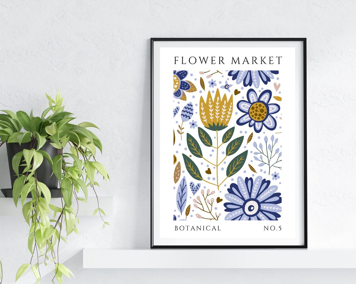 Flower Market Blue Gold Tulip Folk Florals Botanical Style No 5 Poster - Image 2