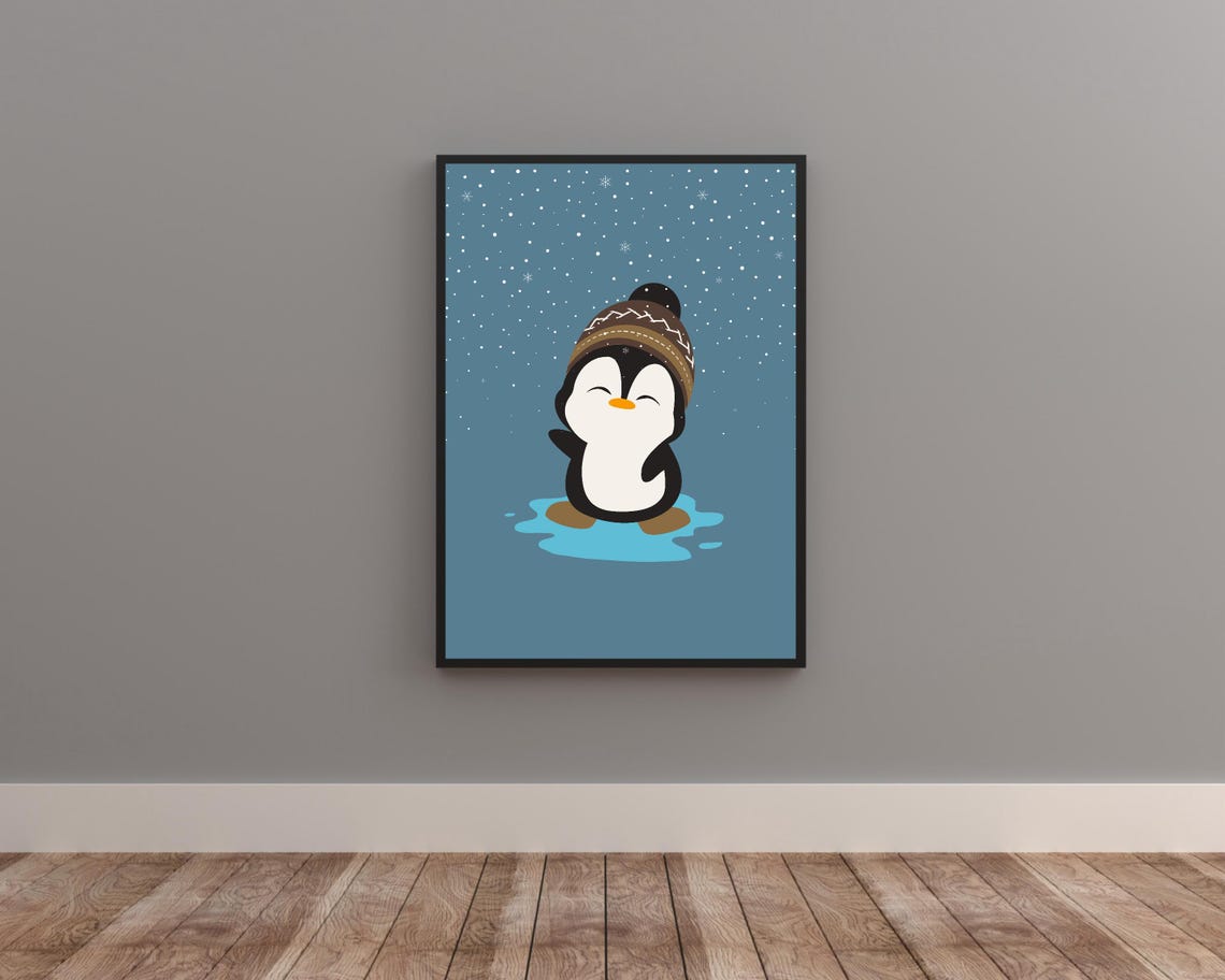 Happy Penguin in a Knit Hat Playing Under Falling Snow Poster - Image 2