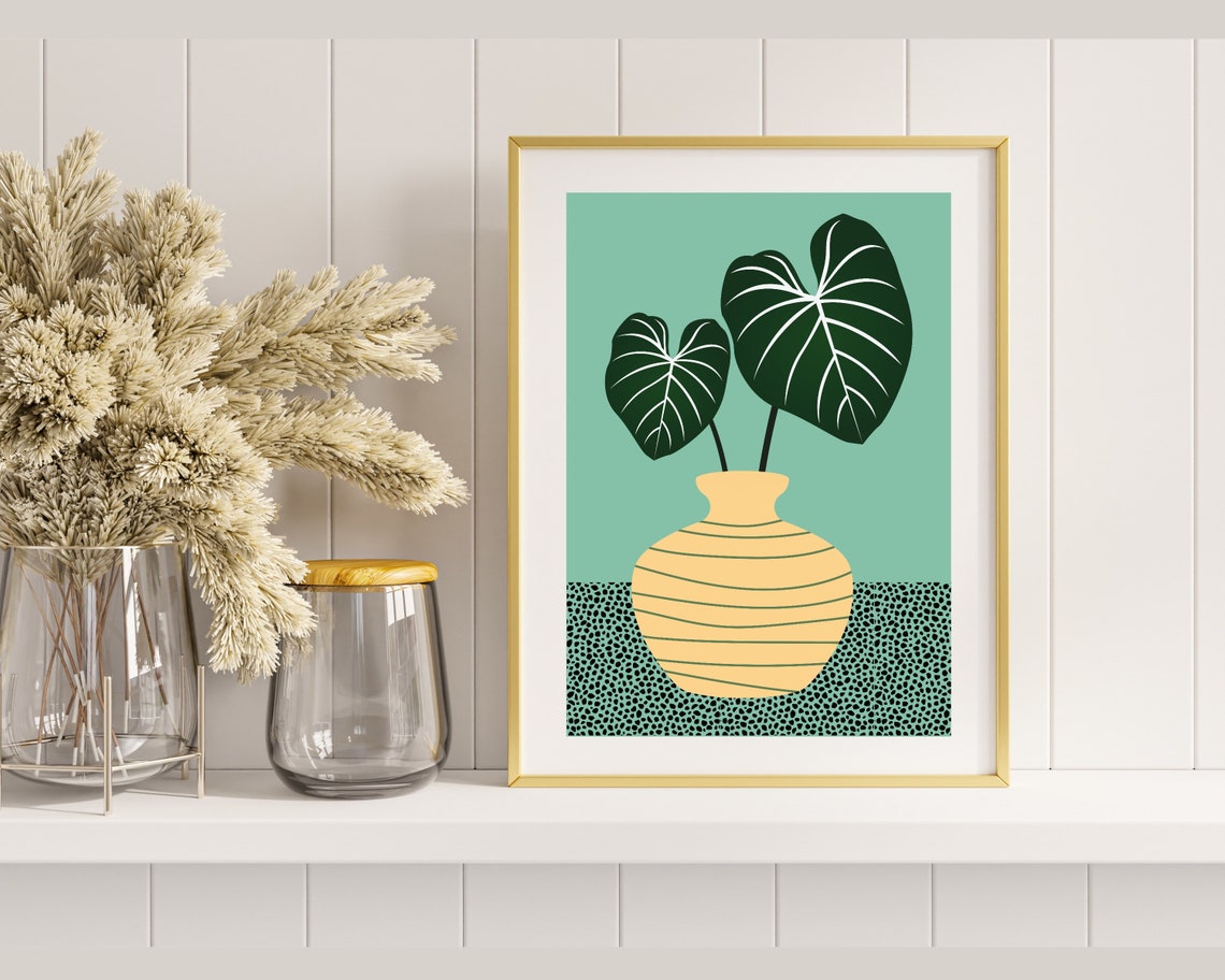 Monstera Leaves In Striped Yellow Vase Mint Green Botanical Poster - Image 2