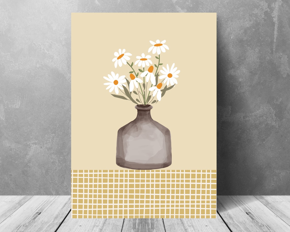 White Daisies In Glass Vase Cream Yellow Botanical Tablecloth Poster - Image 2
