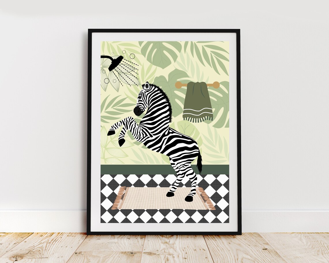 Rearing Zebra Showering In A Green Tropical Leaf Bathroom Poster - Image 2